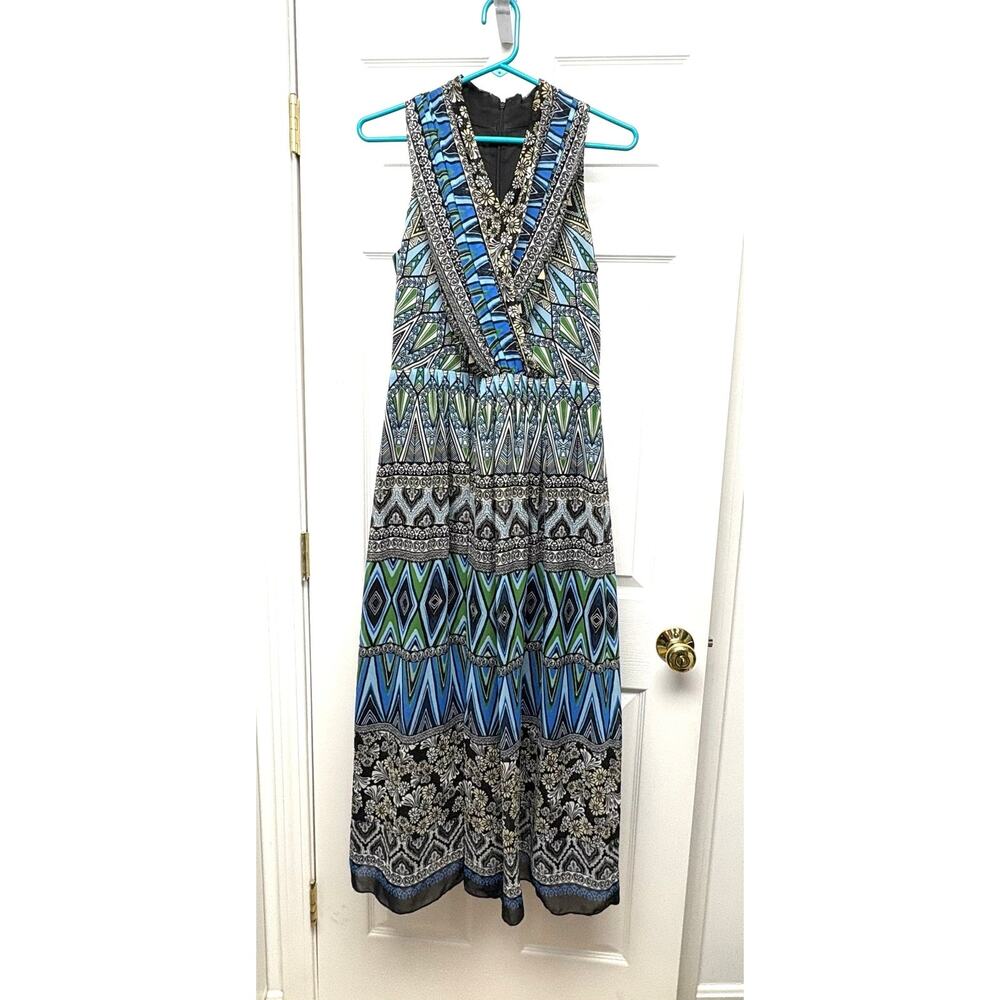 Jones New York Maxi Dress, Blue Black Green Geometric, V Neck, Women's Size 8
